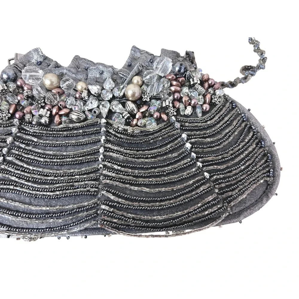 Mary Frances Beaded Evening Clutch Women OS Silver‎ Excellent Pearl Crystal Bag